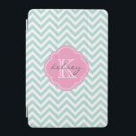 Mint and Pink Chevron Custom Monogram iPad Mini Cover<br><div class="desc">Cute trendy chic iPad case features a preppy zigzag chevron pattern personalised with your monogram name and initial in a girly quatrefoil frame. Click Customise It to change text fonts and colours to create your own unique one of a kind design.</div>