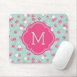 Mint and Pink Chic Vintage Floral Print Monogram Mouse Mat<br><div class="desc">Cute and girly design with a modern vintage floral print pattern,  personalised with your custom monogram name and initial in a chic quatrefoil frame. Click Customise It to change the monogram text fonts and colours to create your own one of a kind design. Adorable and unique gifts!</div>