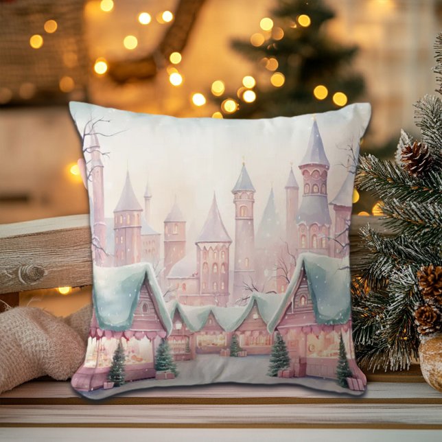 Mint and Pink Cosy Christmas Market - Winter Scene Cushion (Creator Uploaded)