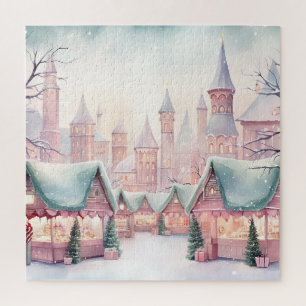 Mint and Pink Cosy Christmas Market - Winter Scene Jigsaw Puzzle