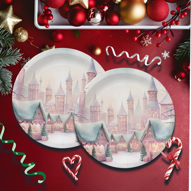 Mint and Pink Cosy Christmas Market - Winter Scene Paper Plate (Creator Uploaded)