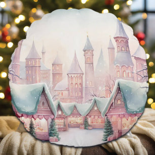 Mint and Pink Cosy Christmas Market - Winter Scene Round Cushion