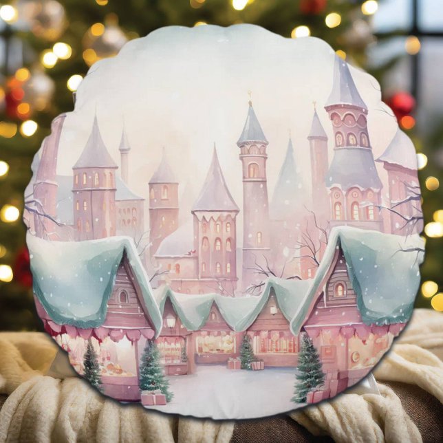 Mint and Pink Cosy Christmas Market - Winter Scene Round Cushion (Creator Uploaded)