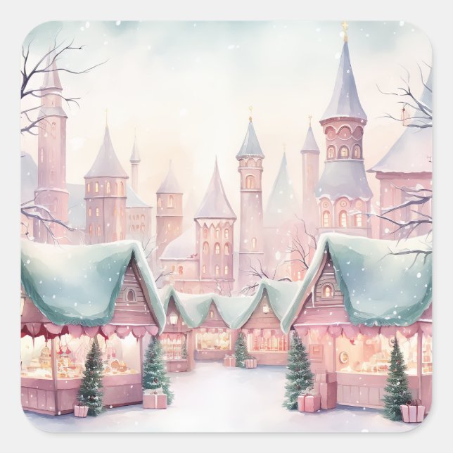 Mint and Pink Cosy Christmas Market - Winter Scene Square Sticker (Front)
