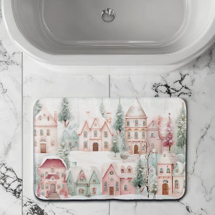 Mint and Pink Cosy Watercolor Winter Scene Bath Mat