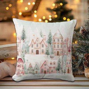 Mint and Pink Cosy Watercolor Winter Scene Cushion