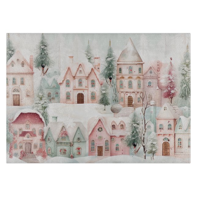Mint and Pink Cosy Watercolor Winter Scene Cutting Board (Front)