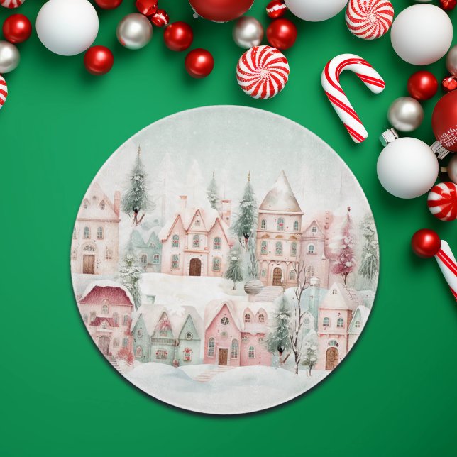 Mint and Pink Cosy Watercolor Winter Scene Cutting Board (Creator Uploaded)