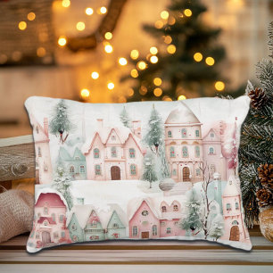 Mint and Pink Cosy Watercolor Winter Scene Decorative Cushion