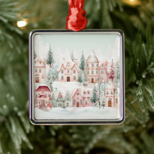 Mint and Pink Cosy Watercolor Winter Scene Metal Tree Decoration