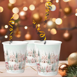 Mint and Pink Cosy Watercolor Winter Scene Paper Cups