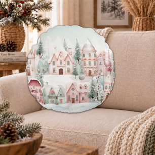 Mint and Pink Cosy Watercolor Winter Scene Round Cushion
