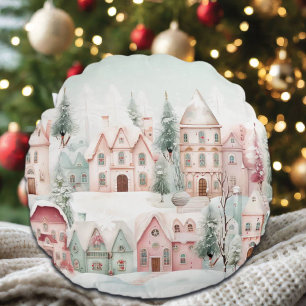 Mint and Pink Cosy Watercolor Winter Scene Round Cushion