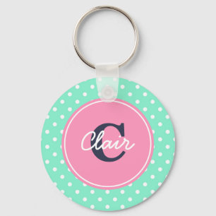 Mint and Pink Dots, Initial, and Name Key Ring