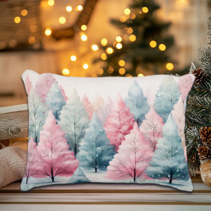 Mint and Pink Fir Trees Winter Scene Decorative Cushion