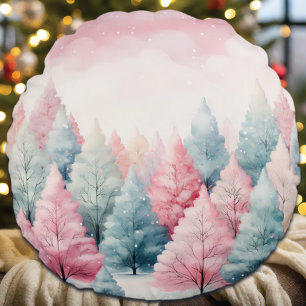 Mint and Pink Fir Trees Winter Scene Round Cushion