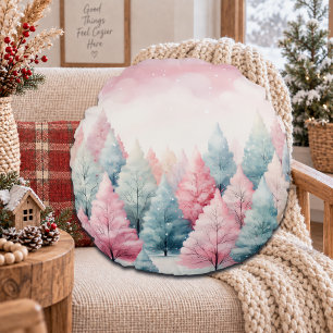 Mint and Pink Fir Trees Winter Scene Round Cushion