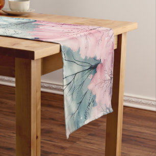 Mint and Pink Fir Trees Winter Scene Short Table Runner