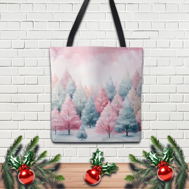 Mint and Pink Fir Trees Winter Scene Tote Bag (Creator Uploaded)