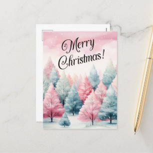 Mint and Pink Fir Trees Winter Scene Winter Holiday Postcard