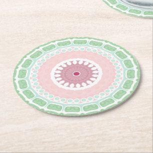 Mint and Pink Geometric Mandala Pattern Round Paper Coaster