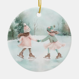Mint and Pink Girls Skating - Winter Scene Ceramic Tree Decoration
