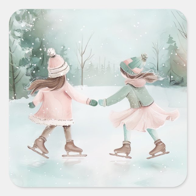 Mint and Pink Girls Skating - Winter Scene Square Sticker (Front)