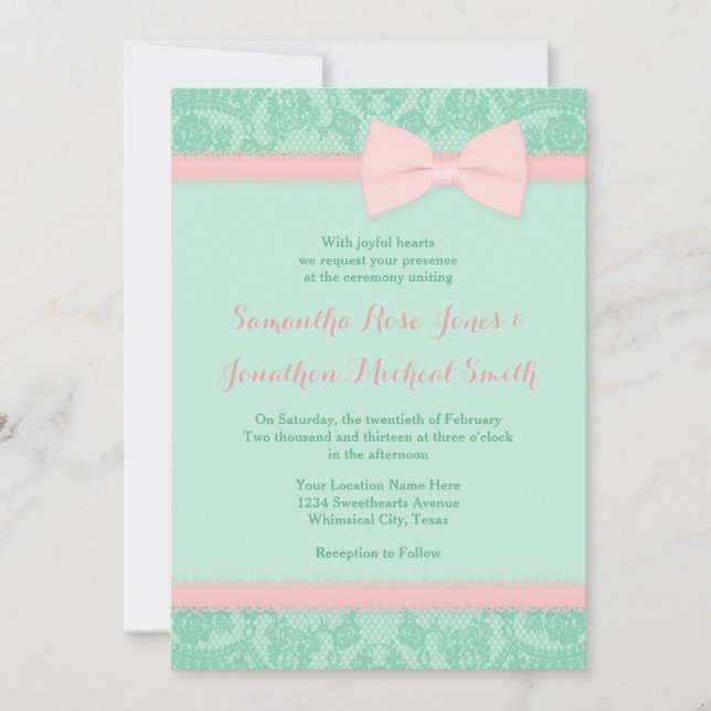 Mint and Pink Lace Wedding Invitation (Front)