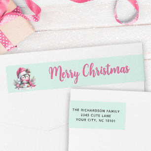 Mint and Pink Merry Christmas Cute Penguin Address Wrap Around Label