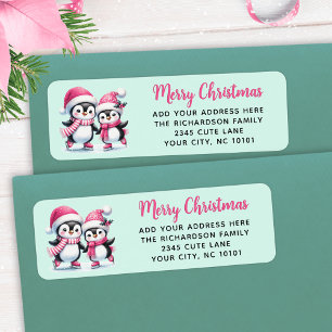 Mint and Pink Merry Christmas Ice Skating Penguins