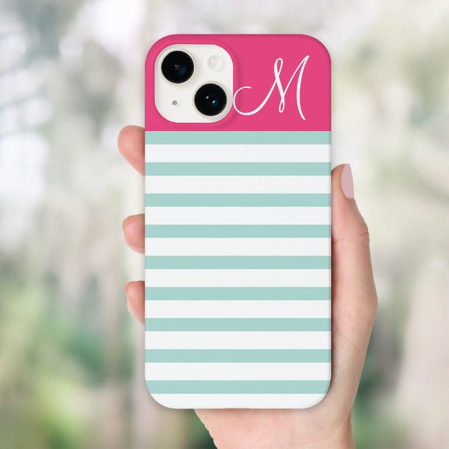 Mint and Pink Preppy Stripes Monogram Case-Mate iPhone Case (Creator Uploaded)