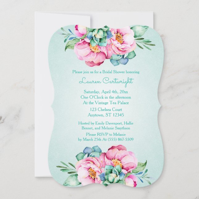 Mint and Pink Watercolor Flower Invitation (Front)