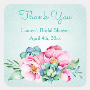 Mint and Pink Watercolor Flower Stickers