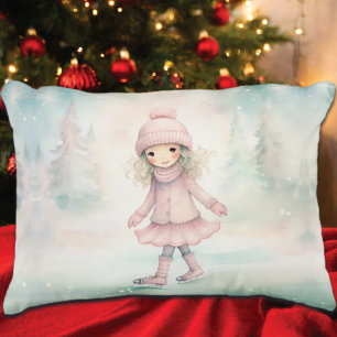 Mint and Pink Winter Scene Girl Skating Decorative Cushion
