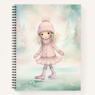 Mint and Pink Winter Scene Girl Skating Notebook