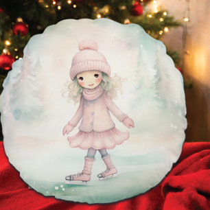 Mint and Pink Winter Scene Girl Skating  Round Cushion