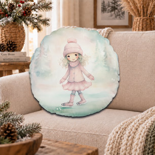 Mint and Pink Winter Scene Girl Skating Round Cushion