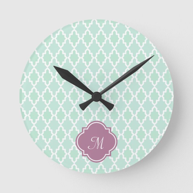 Mint and Plum Moroccan Monogram Round Clock (Front)