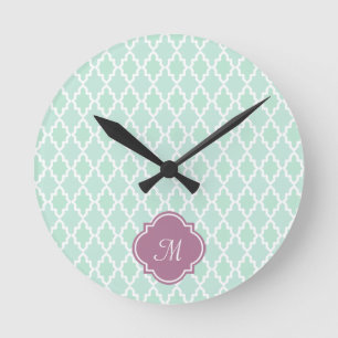 Mint and Plum Moroccan Monogram Round Clock