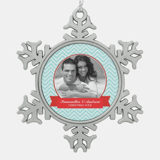 Mint and Red Chevrons Pattern Custom Photo Snowflake Pewter Christmas Ornament (Front)