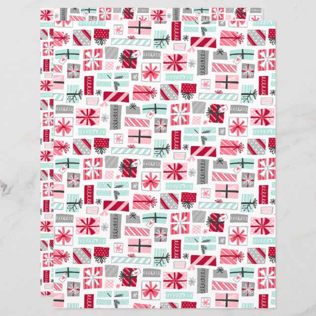Mint and Red Christmas Presents Scrapbook Paper (Front/Back)