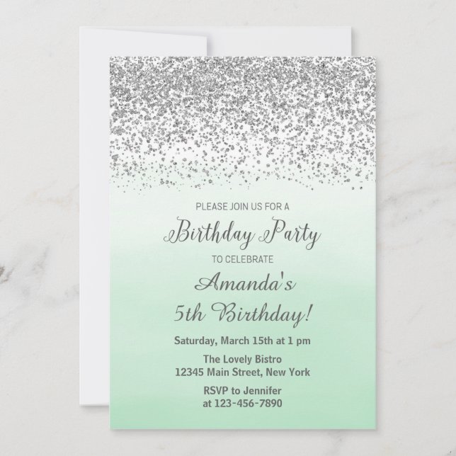 Mint and Silver Birthday Invitation (Front)