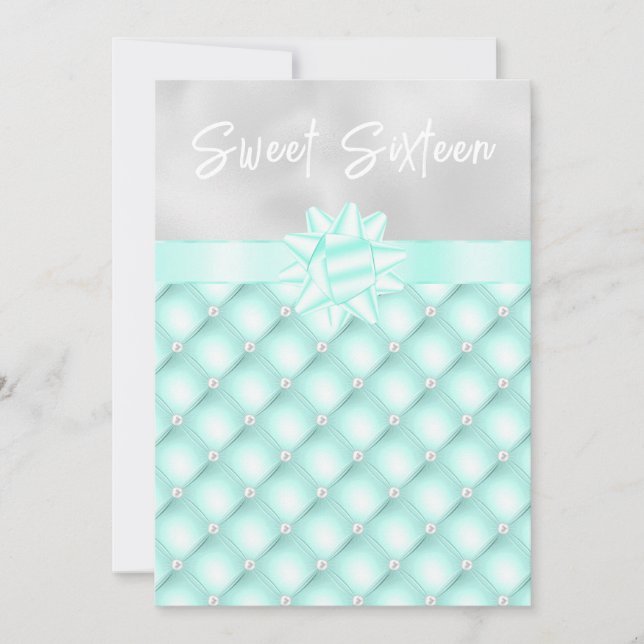 Mint and Silver Tufted Pearls Sweet Sixteen Invitation (Front)