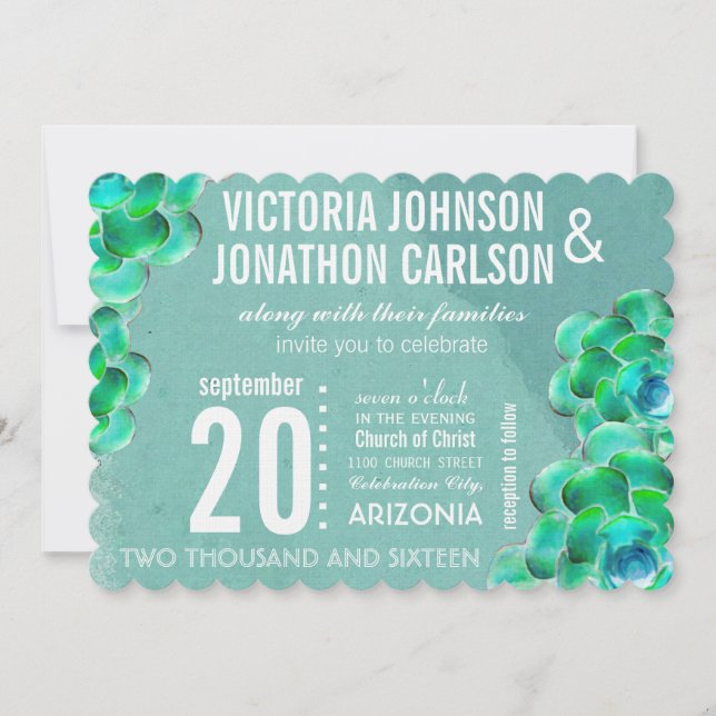 Mint and Teal Succulent Modern Typography Wedding Invitation (Front)