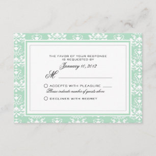Mint and White Damask Custom Wedding RSVP Card