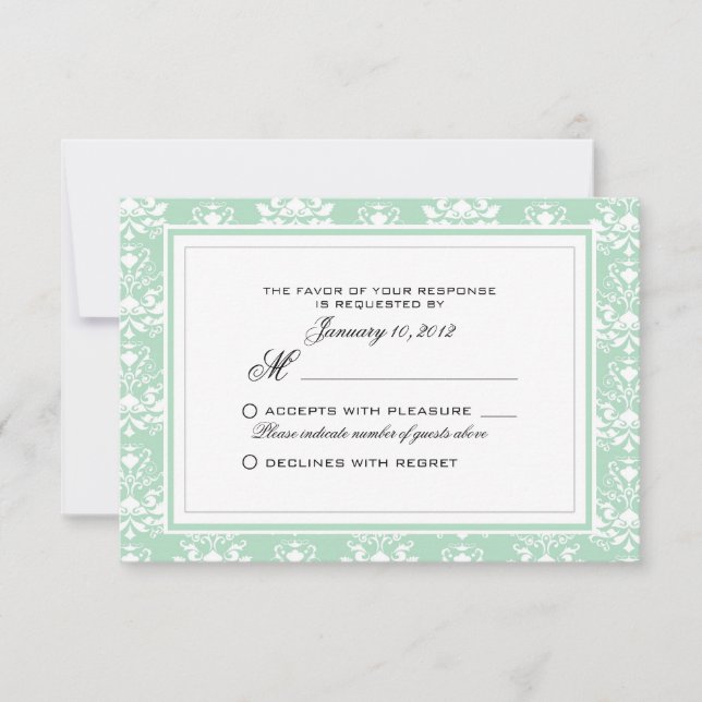 Mint and White Damask Custom Wedding RSVP Card (Front)