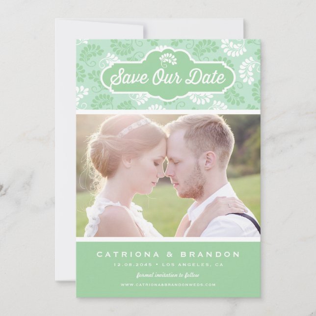 Mint and White Floral Pattern Photo Save Our Date Invitation (Front)