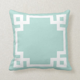 Mint and White Greek Key Border Cushion