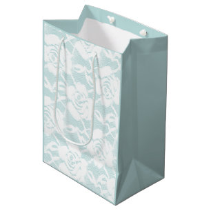 Mint and white lace roses floral medium gift bag