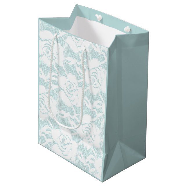Mint and white lace roses floral  medium gift bag (Front Angled)